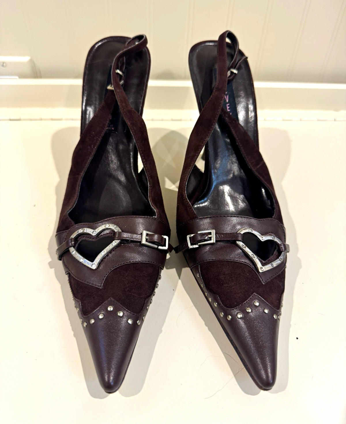Rare Vintage Steve Madden Women\'s Brown Heart Cutout Slingback Heels 10M