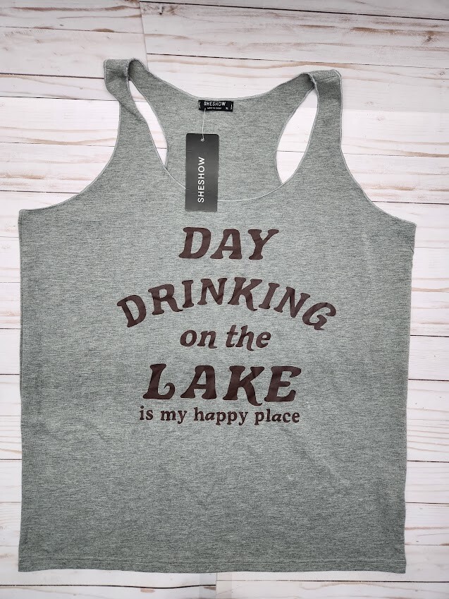 SheShow DAYDRINKING ON THE LAKE IS MY HAPPY PLACE Womens Graphic Tank NWT
