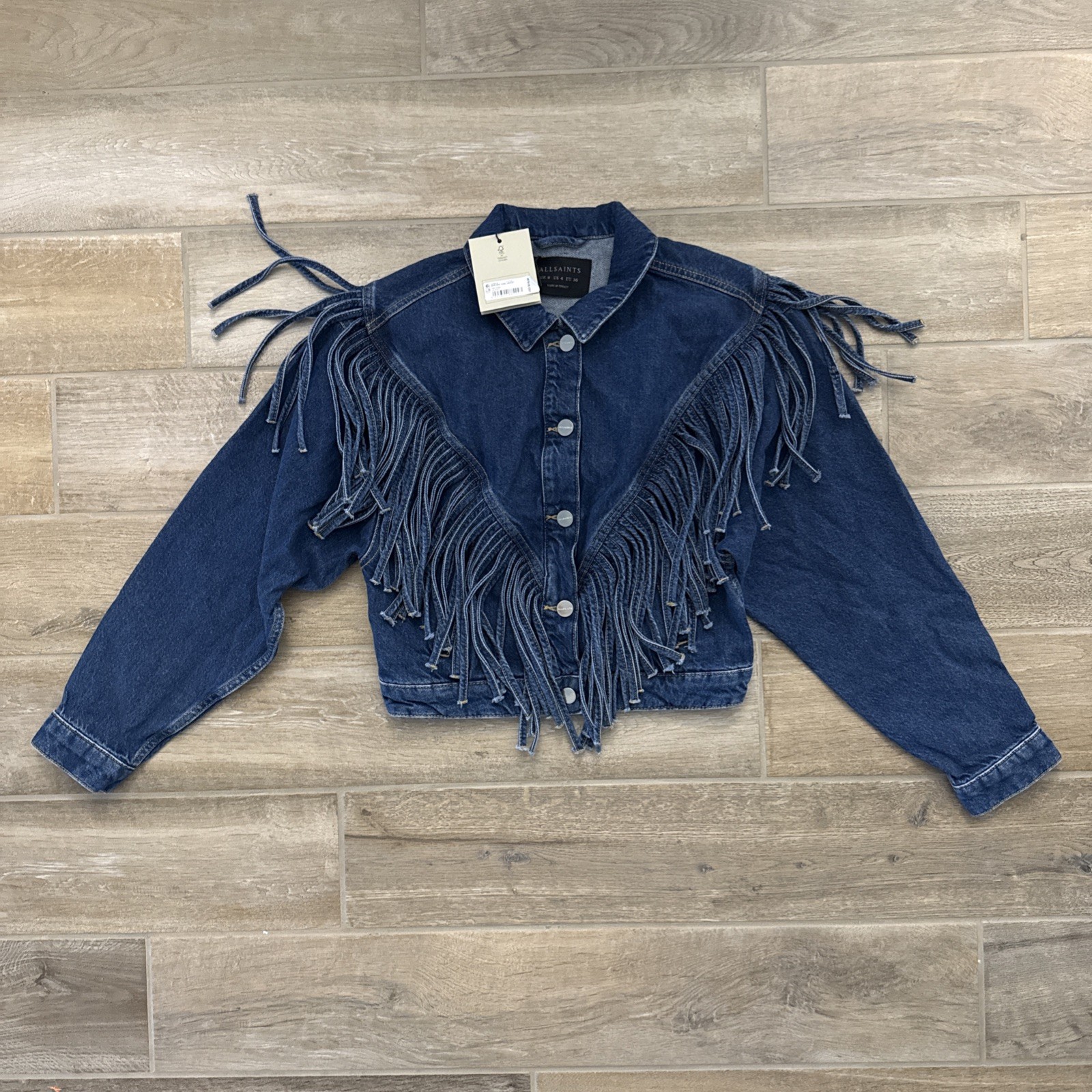 Allsaints Women\'s US 4/UK 8 Marlene Tassel Denim Jacket Dark Indigo
