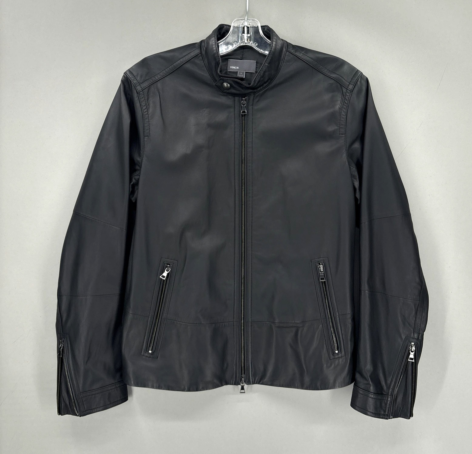 Vince Leather Jacket Mens Large Black Lambskin Lamb Moto Biker Full Zip Soft