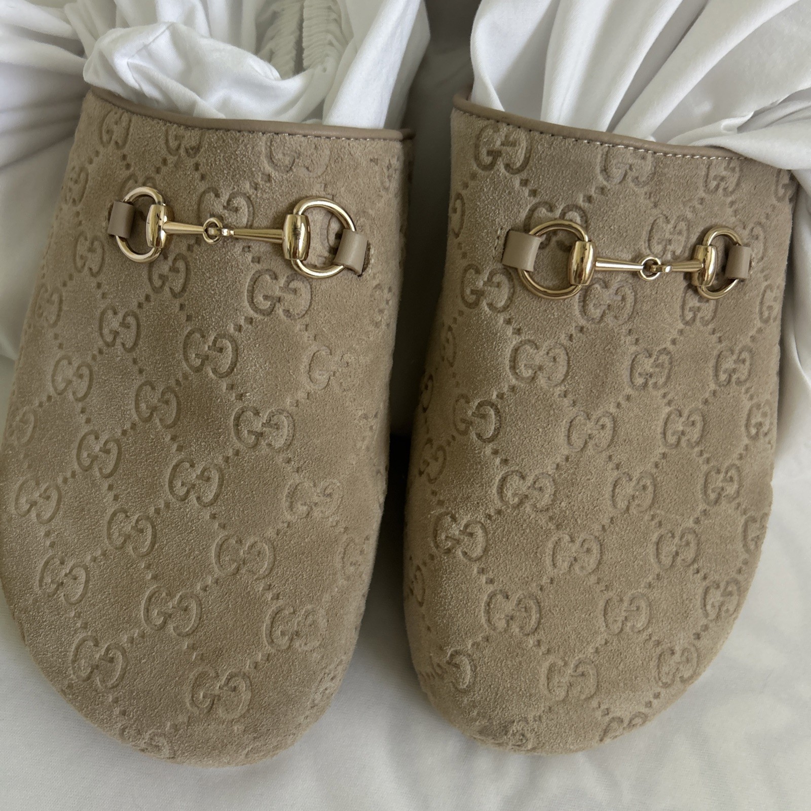 Gucci GG Supreme Horsebit Mules Oatmeal  Lug Sole Slides Italy Size 11 Eu 41