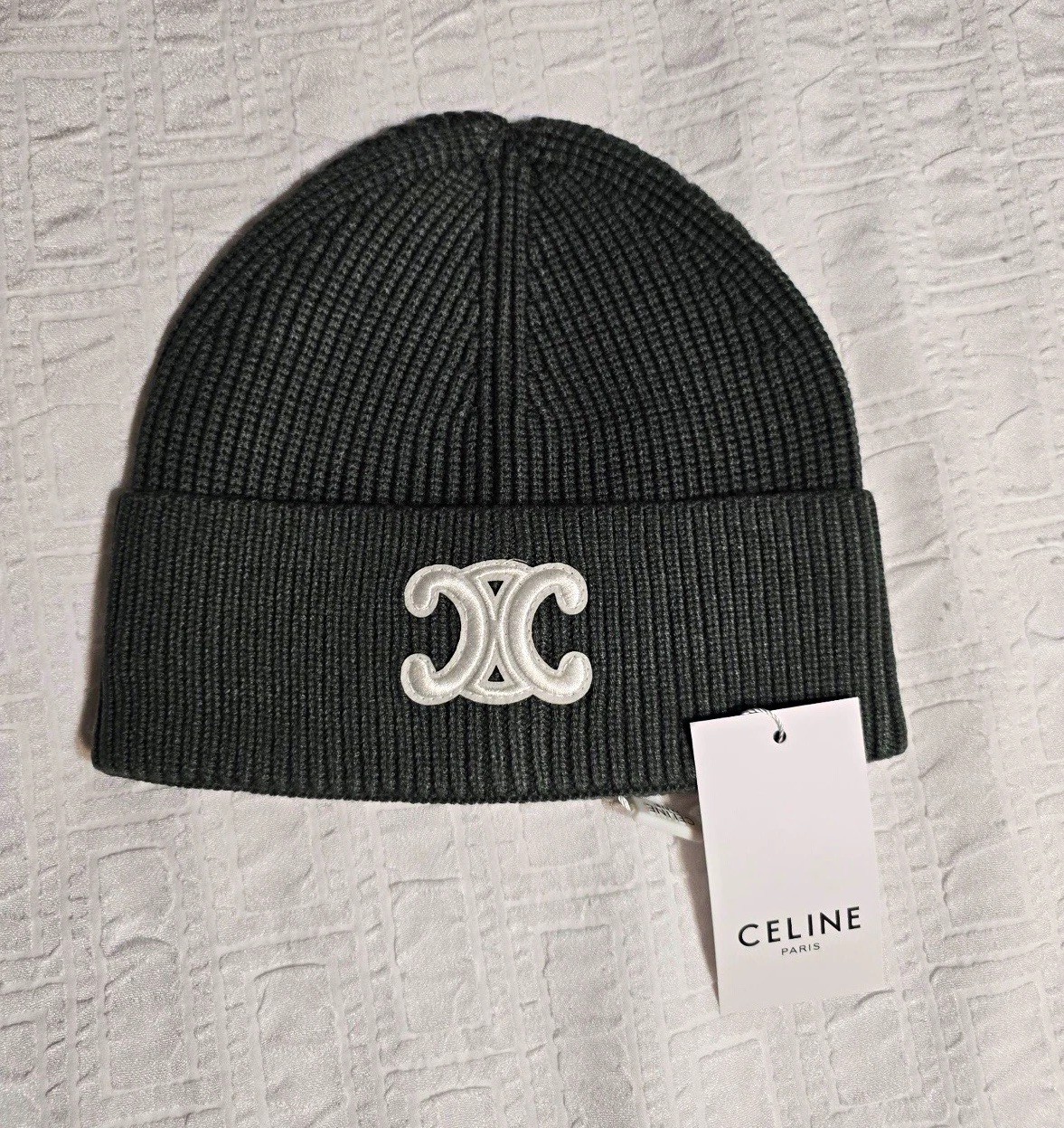 CELINE Men’s Gray Wool Knit Beanie Logo Patch, Stretch, One Size