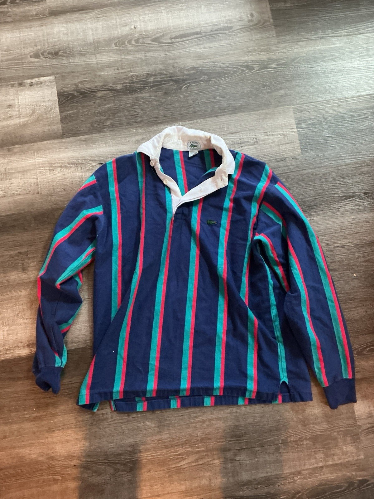 Vintage Izod Lacoste Rugby Polo Shirt Mens Medium Vertical Striped 80s 90s USA