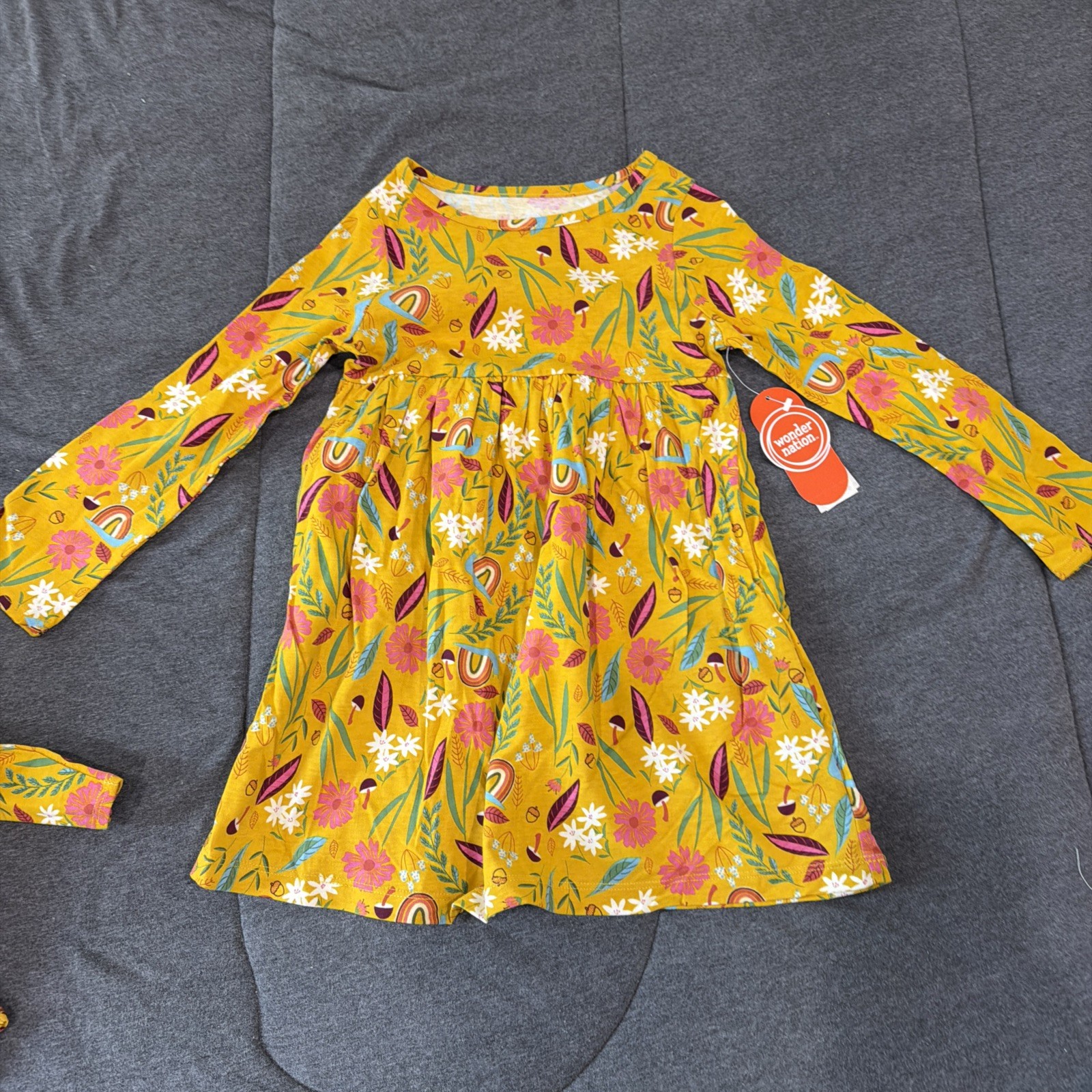Wonder Nation Girls 4T Yellow Floral Long Sleeve Cotton Dress Pockets NWT