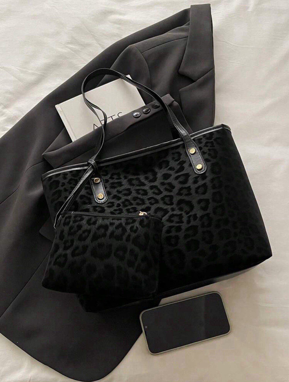 Women’s Black Leopard Print Tote Handbag, Faux Leather, Zip, Coin Purse, 37cm