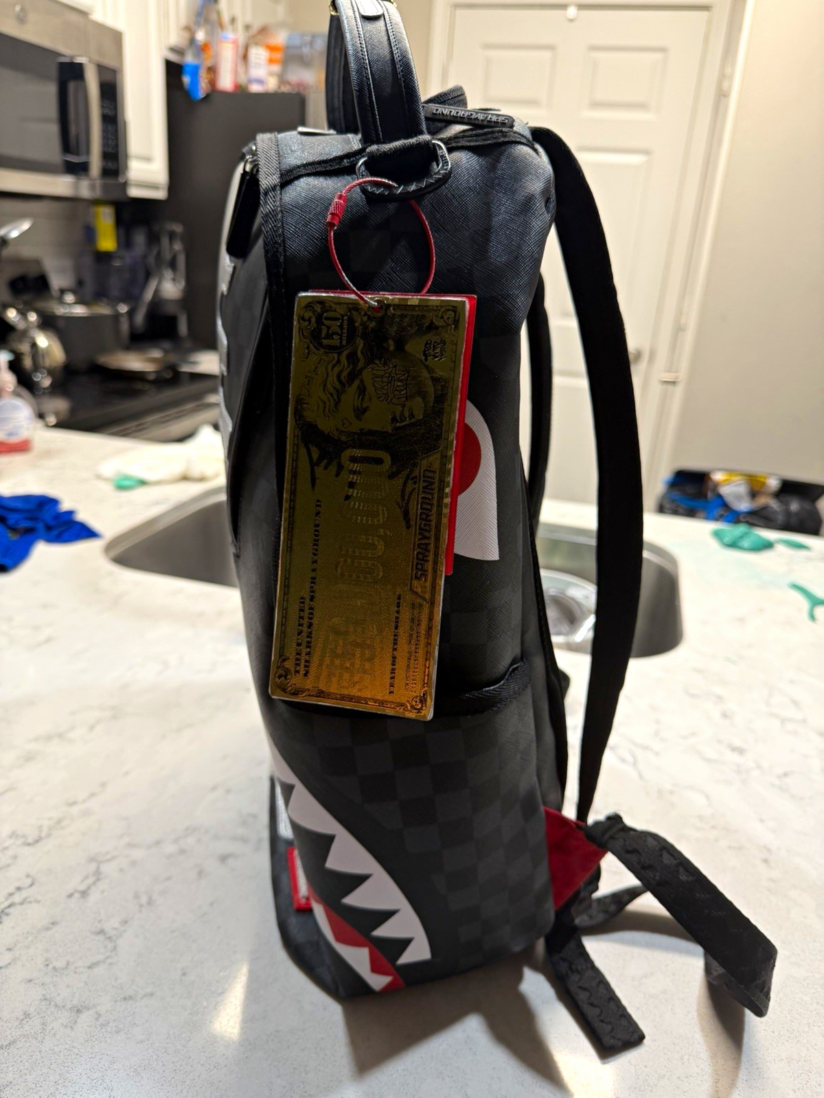 Sprayground Shark Mouth Checkered Backpack Black/Silver w/ Red White