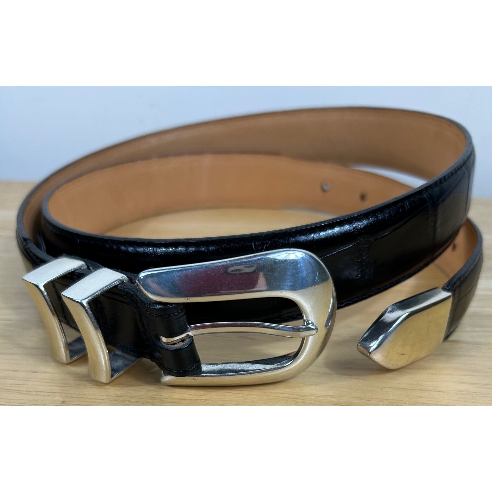 VTG Brighton Onyx Belt Mens 38 Black Crocodile Embossed Leather Silver Hardware