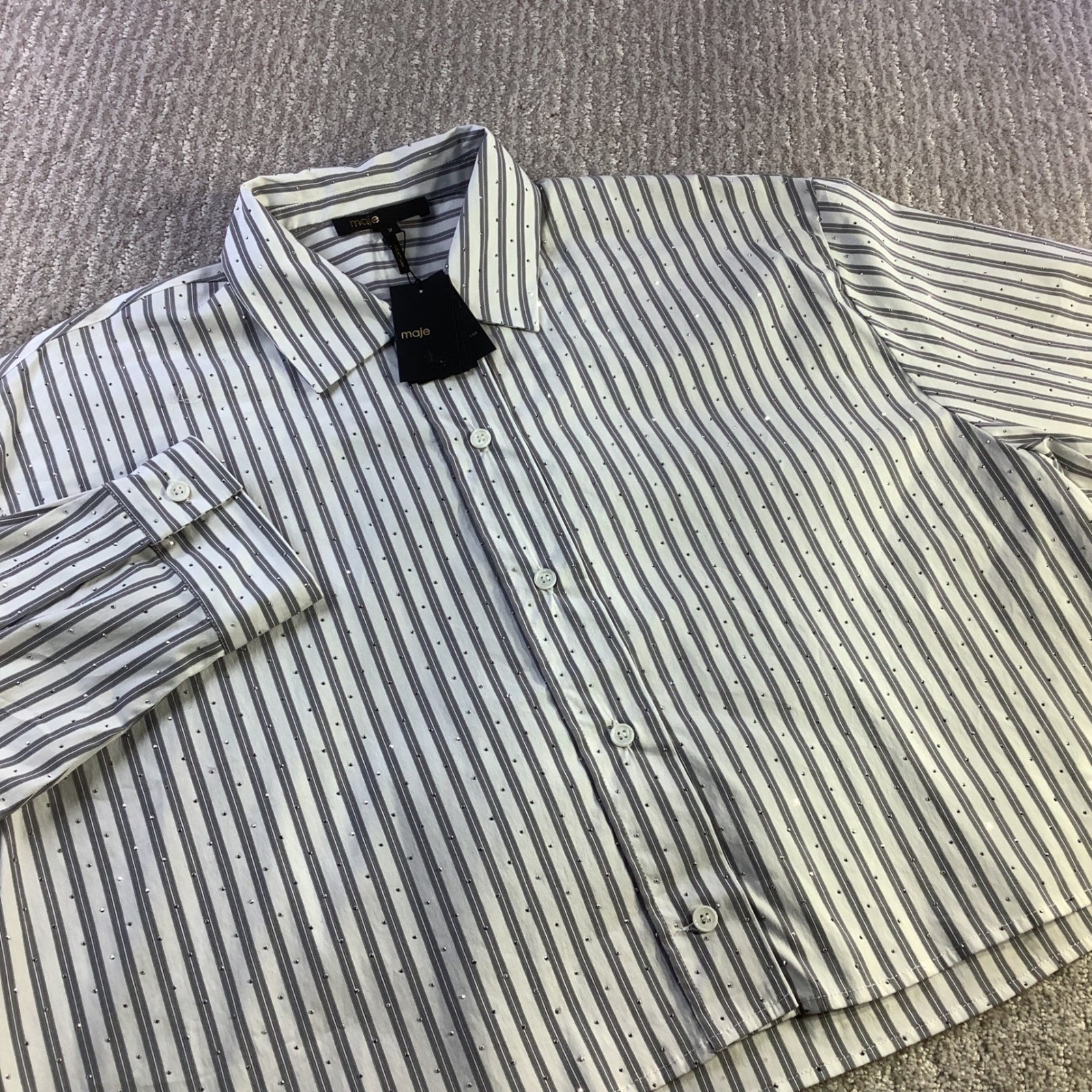 Maje Cibacky Striped Rhinestone Cropped Shirt Ecru Grey Size 2 NWT