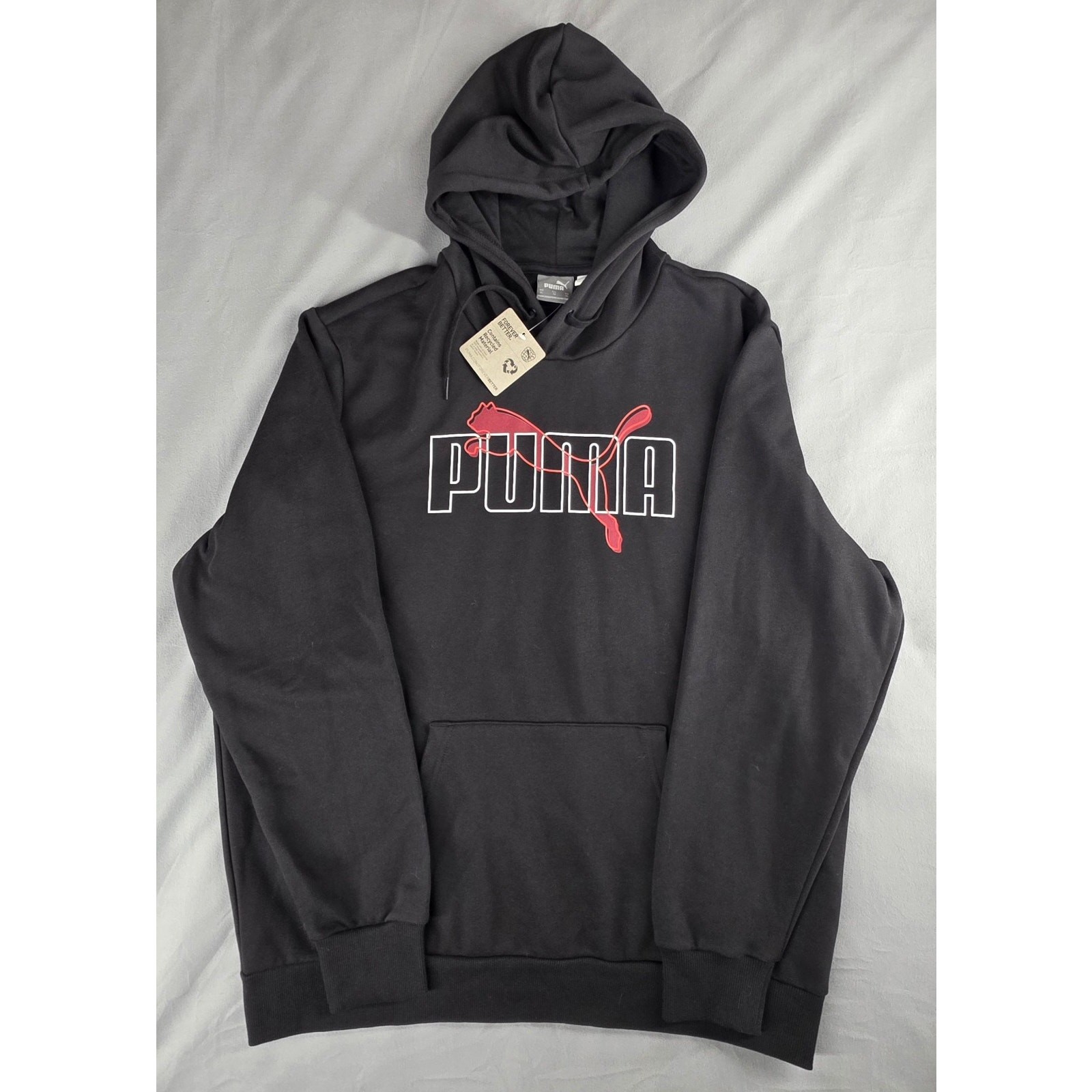 PUMA Raised Up Hoodie Men\'s XL Black Graphic Pullover Sweatshirt 684437-01 NWT
