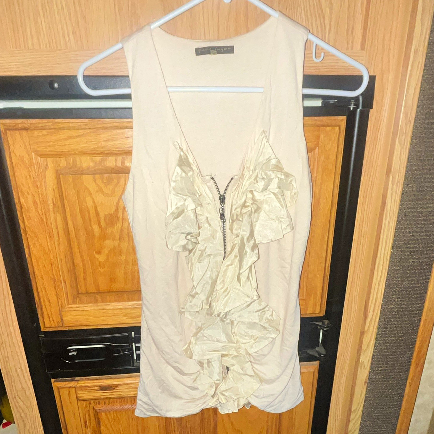 Pure Sugar Women’s Beige Solid V-Neck Sleeveless Ruffle Zip Blouse Top S