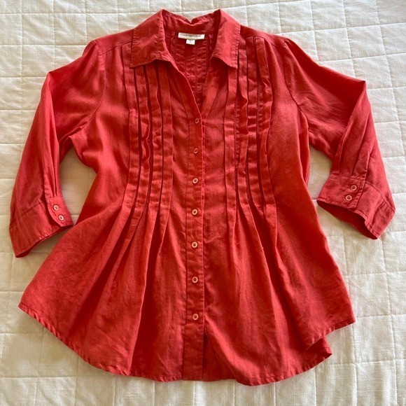 Coldwater Creek Blouse Womens L Coral Red 100% Linen Pleated Pintuck Tunic Top