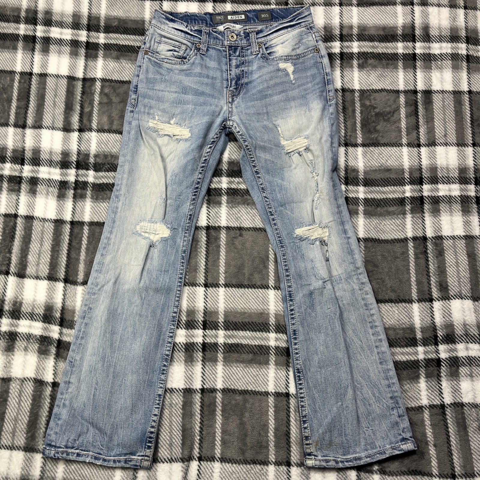 BKE Jeans Mens 30x29\'\' Short Bootleg Aiden Distressed Blue Denim Cowboy Grunge