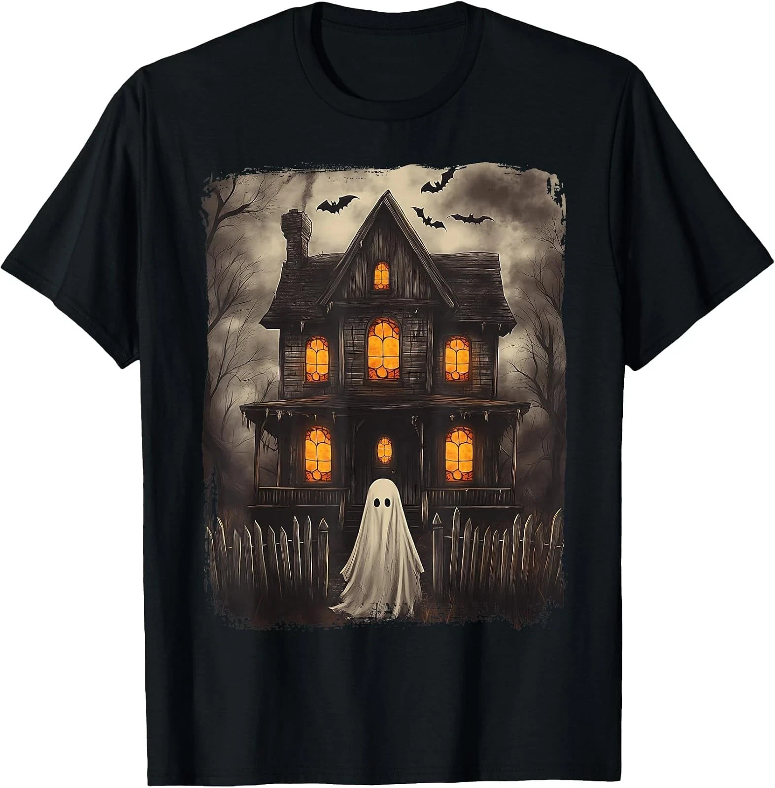 Retro Haunted House Ghost Halloween T-Shirt - Spooky Costume Style