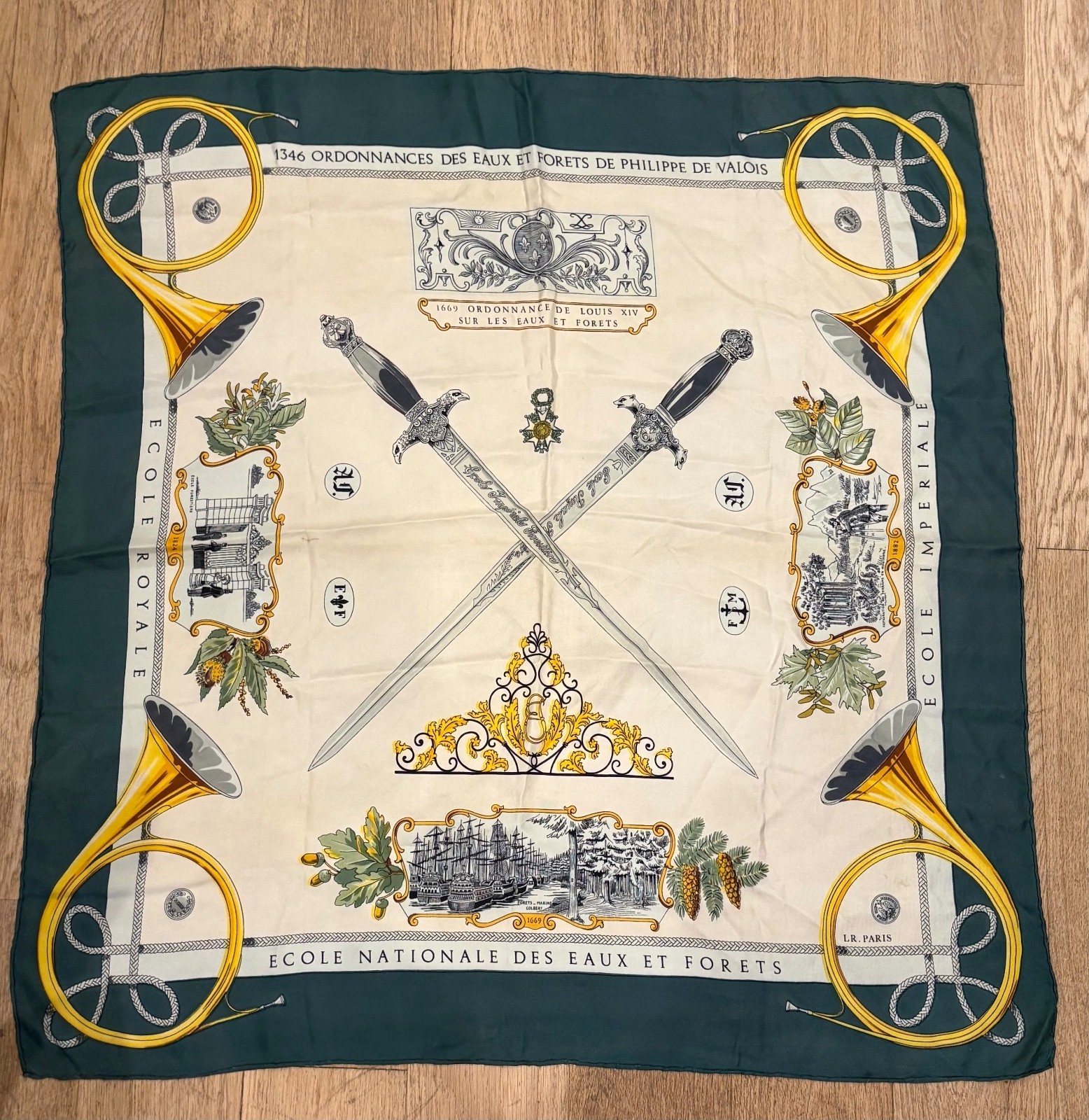 LR Paris Vintage Silk Scarf with Historical French Forest School Design RARE