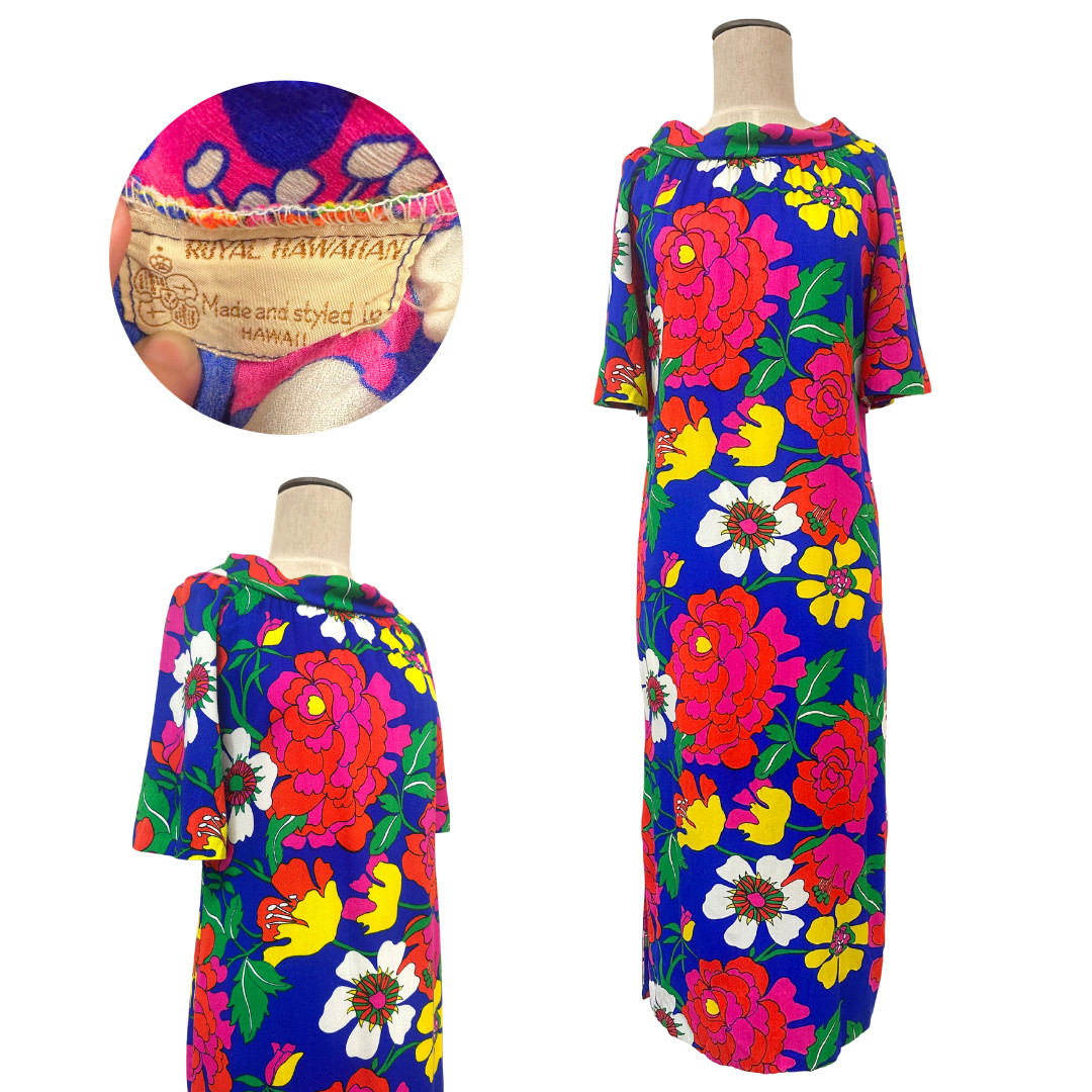 Vintage 1960s Royal Hawaiian Dayglo Barkcloth Blue Red & Pink Floral Dress
