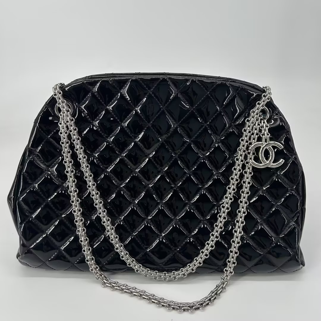 Chanel Just Mademoiselle Medium Black Quilted Patent Chain Bowling Shoulder Bag