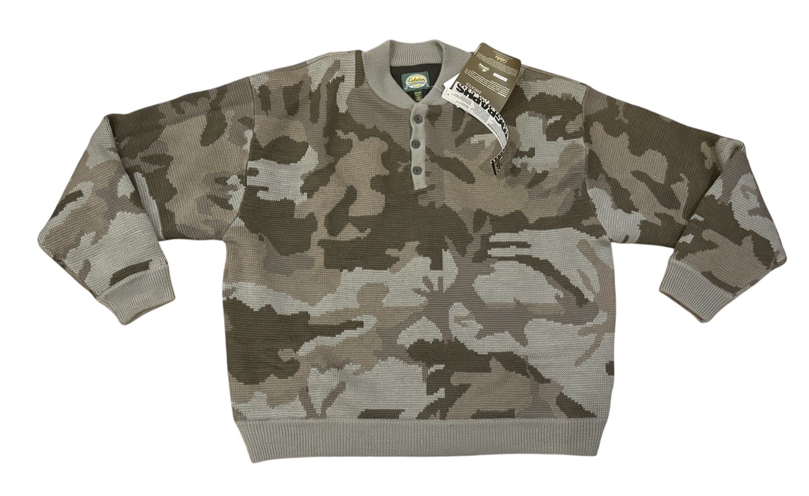 NEW VTG Cabela\'s Camouflage Wool Heavyweight Lined Windshear Henley Sweater Camo