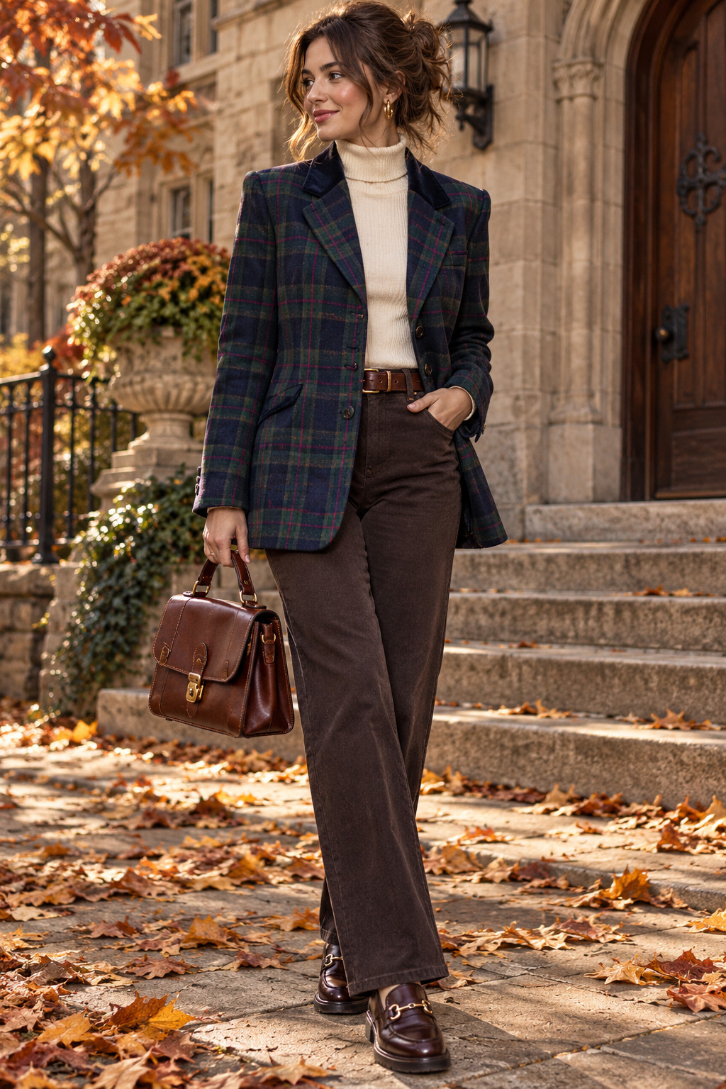 Vintage 90s JL Colebrook Wool Plaid Blazer Sz S Suede Collar Equestrian Academia