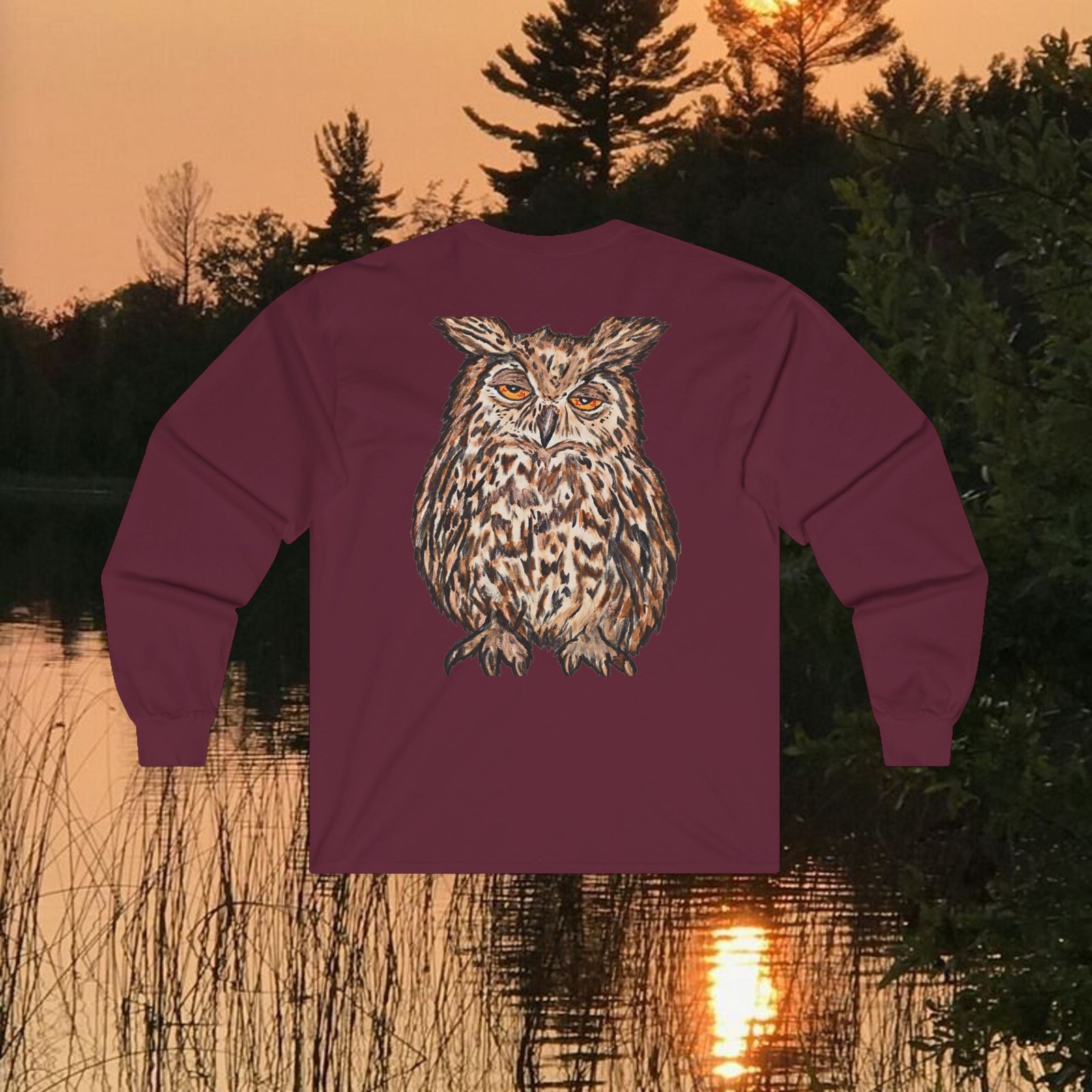 Hand Drawn Brown Owl Long Sleeve Nature Wildlife Graphic Oversized Cotton Shirt