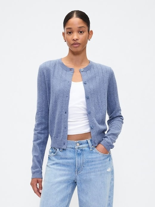NWT GAP CashSoft Pointelle Cardigan, Sz XS, Blue, Crewneck, School, Office 