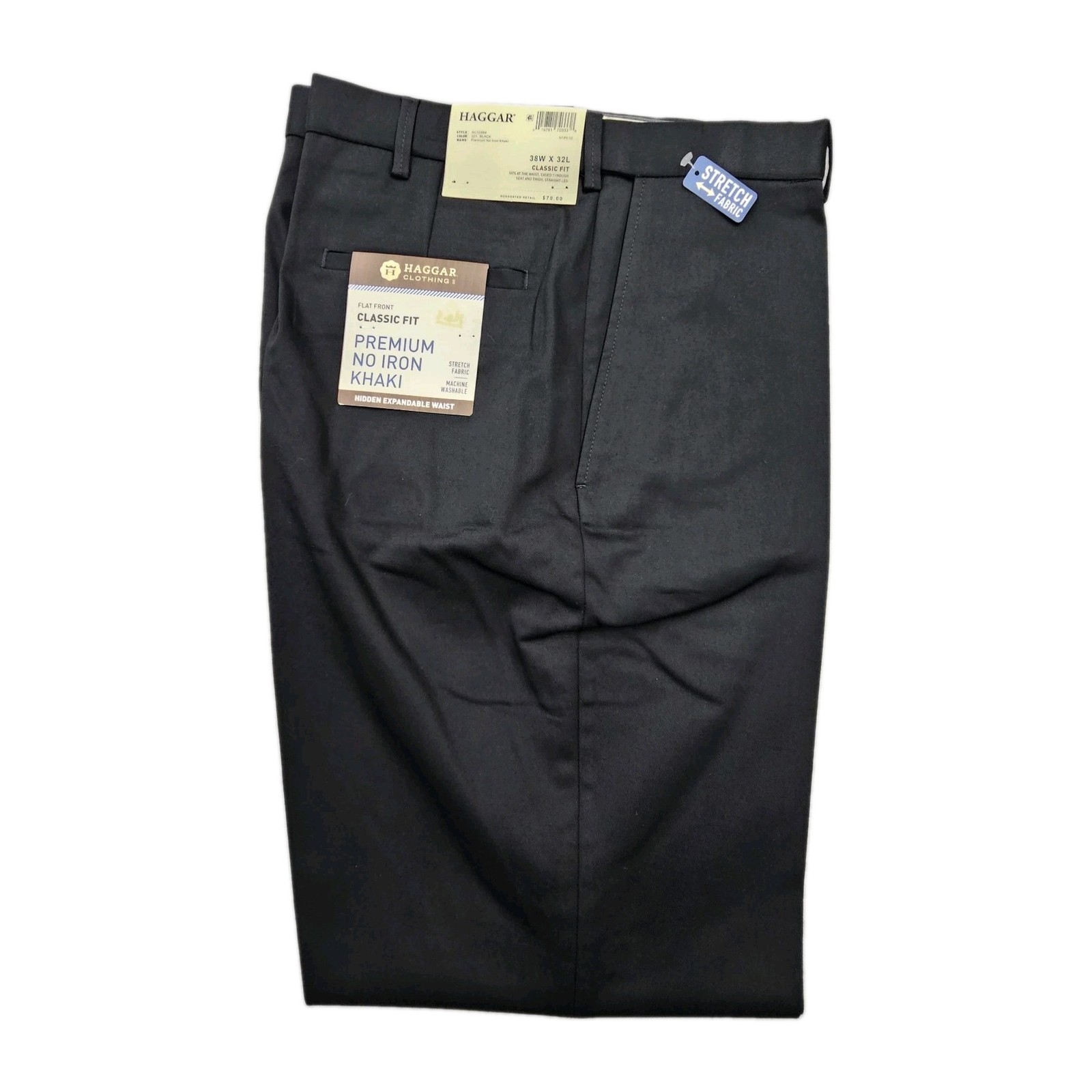 Haggar Mens 38x32 Classic Fit Flat Front Black Khaki Pants Expandable Waist