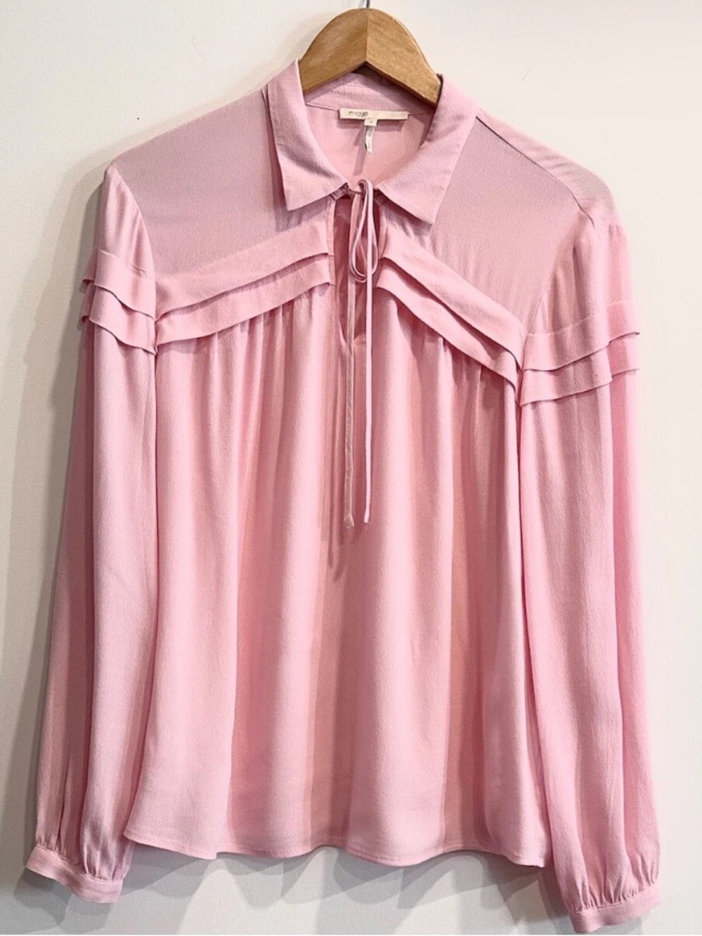 Maje Women\'s Light Pink Tie-Neck Layered Shoulder Blouse