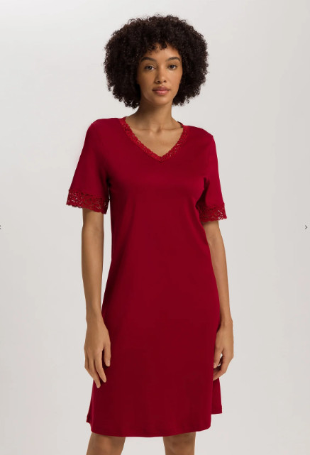 Hanro 77040 Women\'s Moments Short Sleeve Nightgown S Red Dahlia MSRP $205 NWT