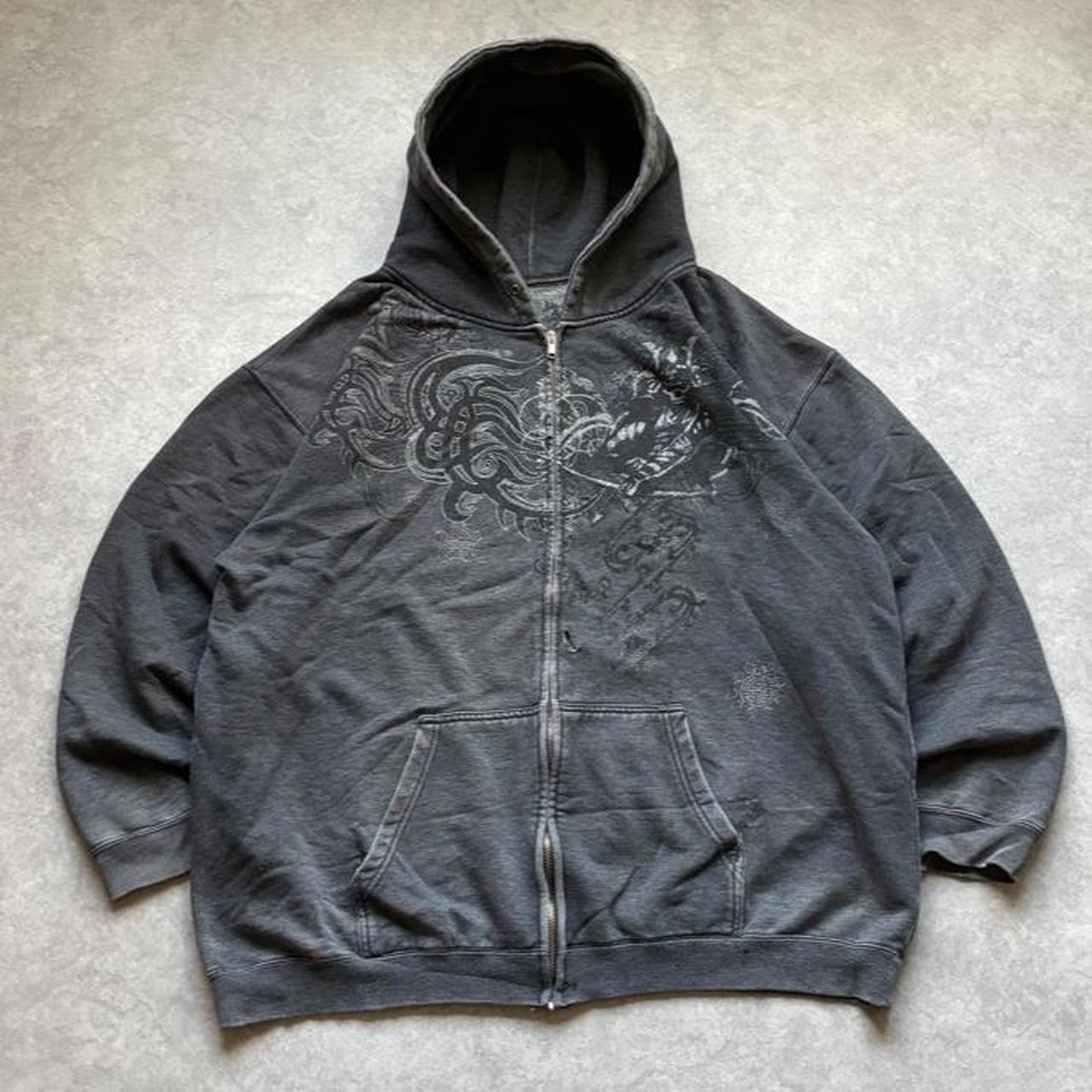 Vintage 2000s Y2K Grunge Graphic Gray Zip Up Hoodie Skater Streetwear Mens XL