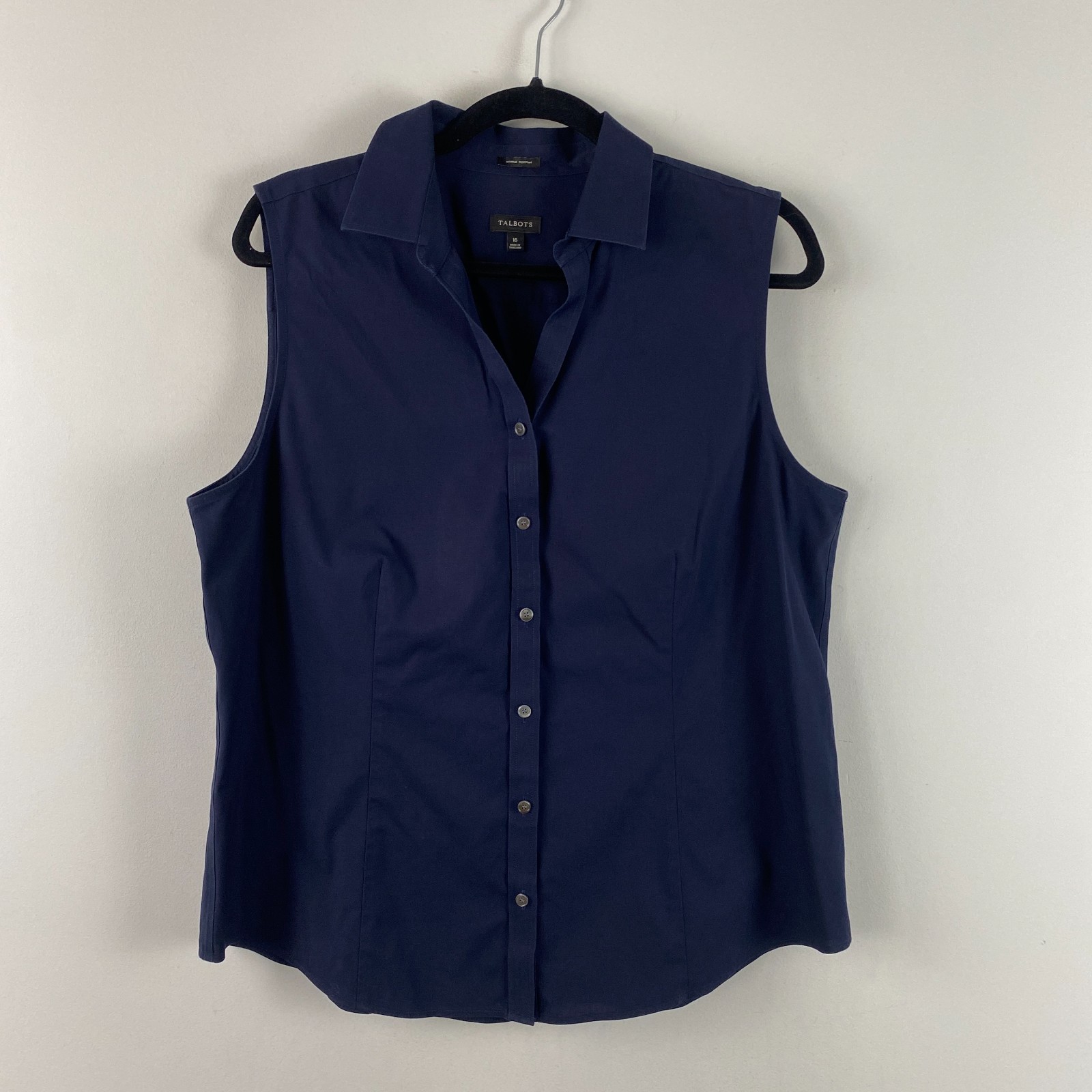 Talbots Wrinkle Resistant Button Shirt Size 16 Navy Blue Sleeveless Stretch