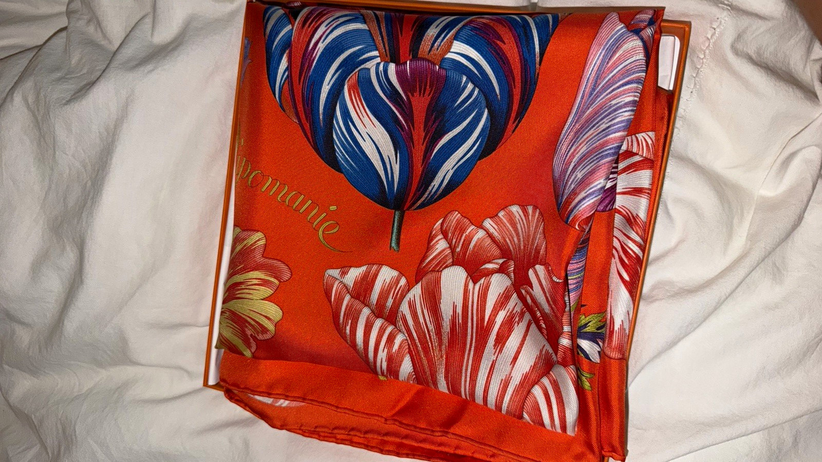 HERMÈS Orange Multicolor Floral Silk Satin Square Scarf with Logo Accent