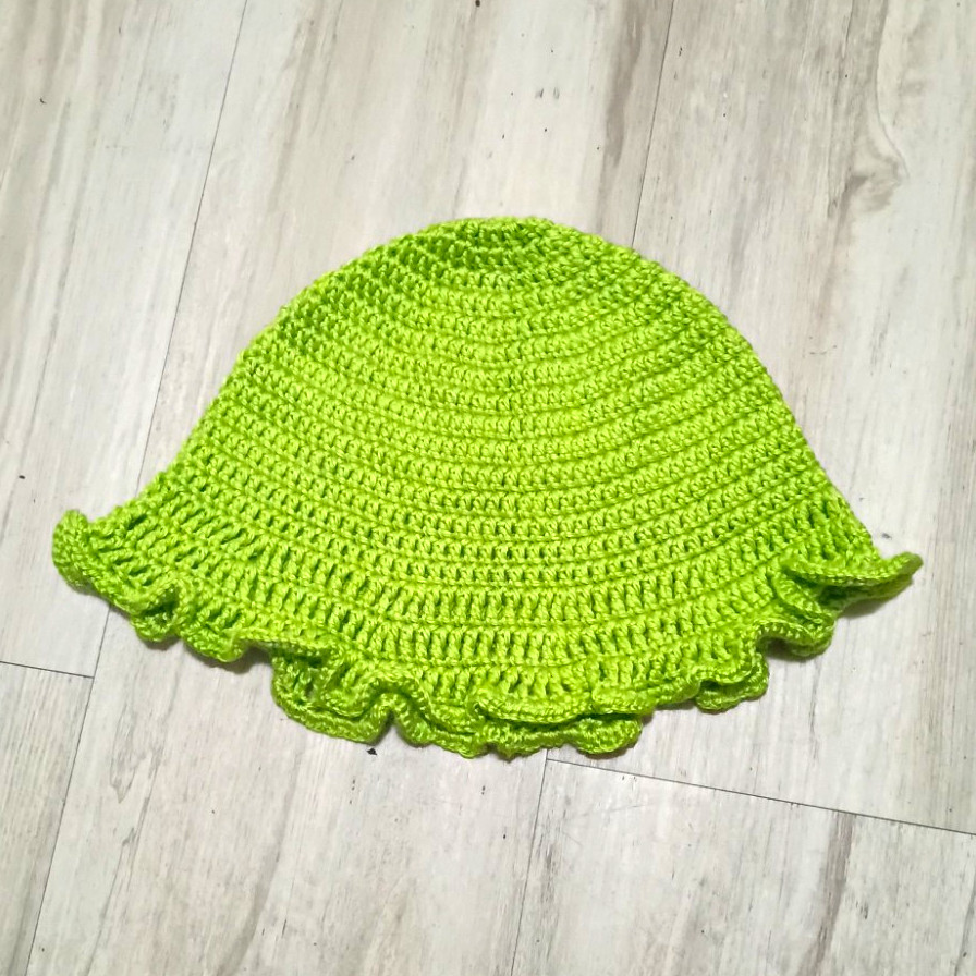 Handmade Green Crochet Women Bonnet Hat With Ruffle Brim