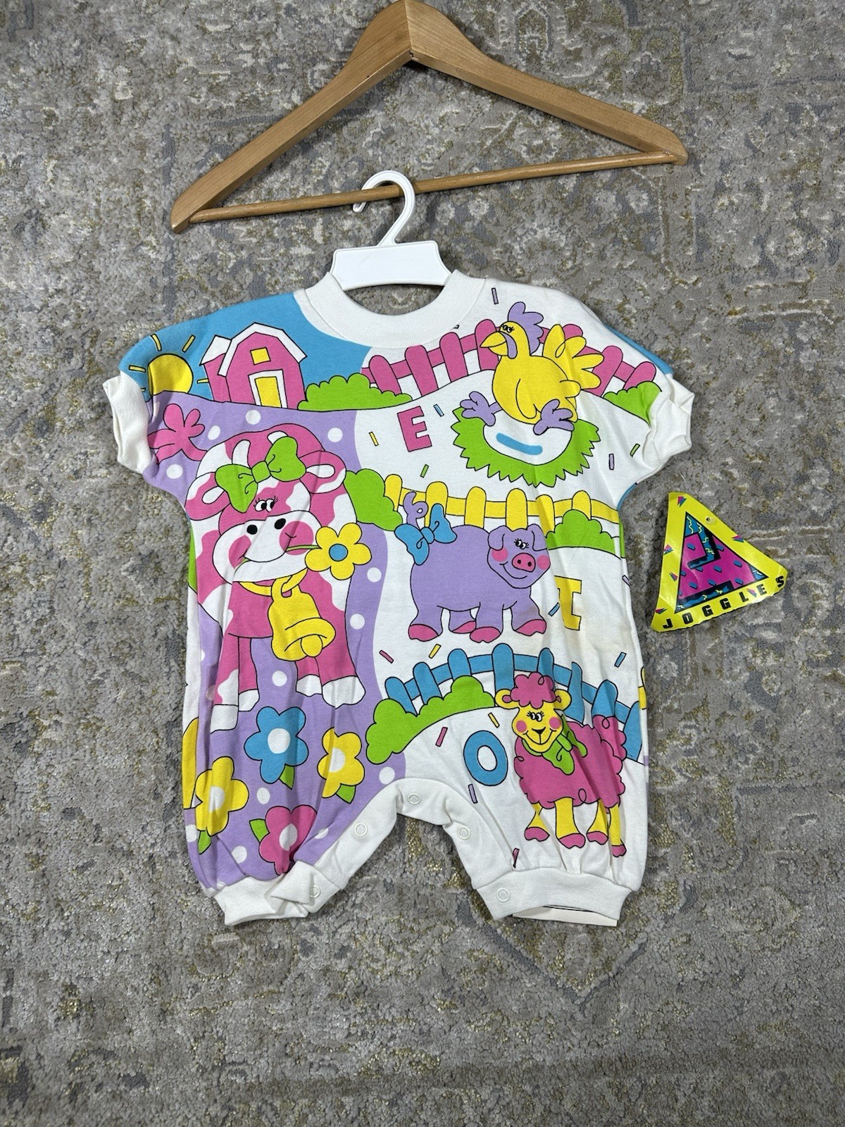NWT Vtg 90s Joggles Baby Romper Farm Animal Neon Kidcore All Over Print Sz 12M