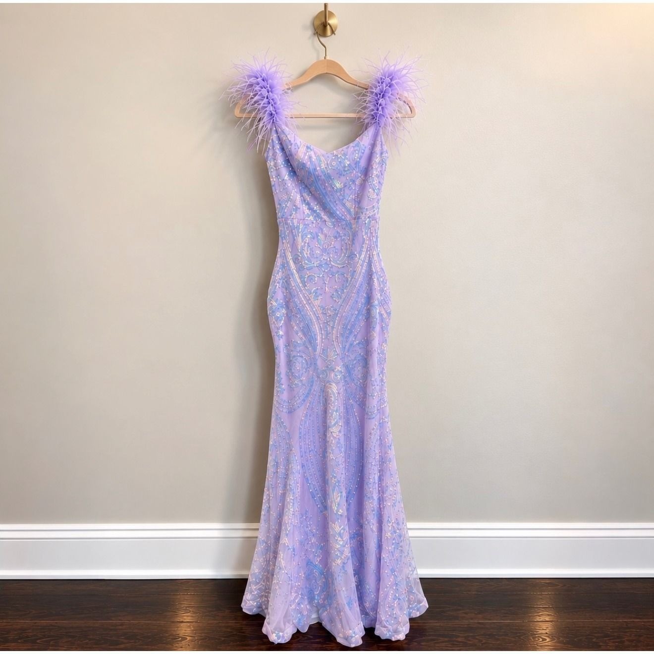 Adyce Lavender Sequin Feather Mermaid Gown Purple Formal Dress Small