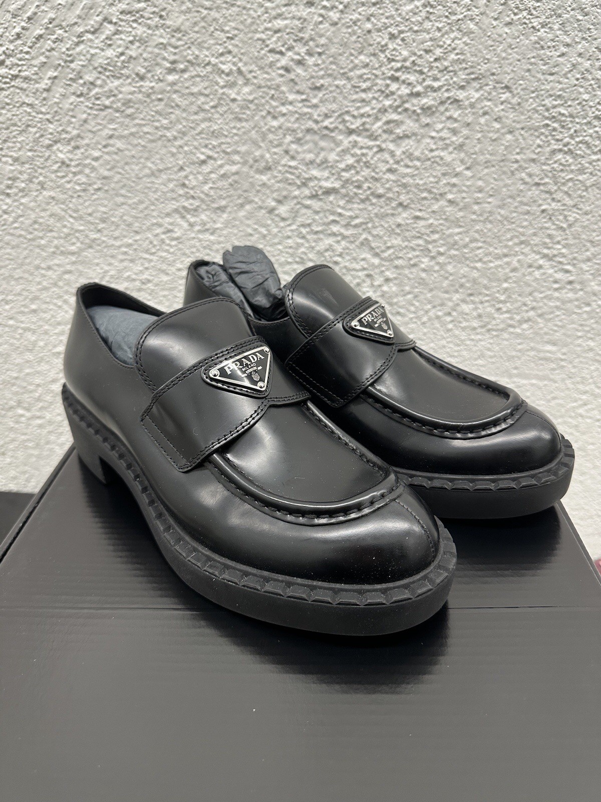 Prada Leather Triangle Logo Loafers Monolith Platform Sole 39 EU 9 US H250