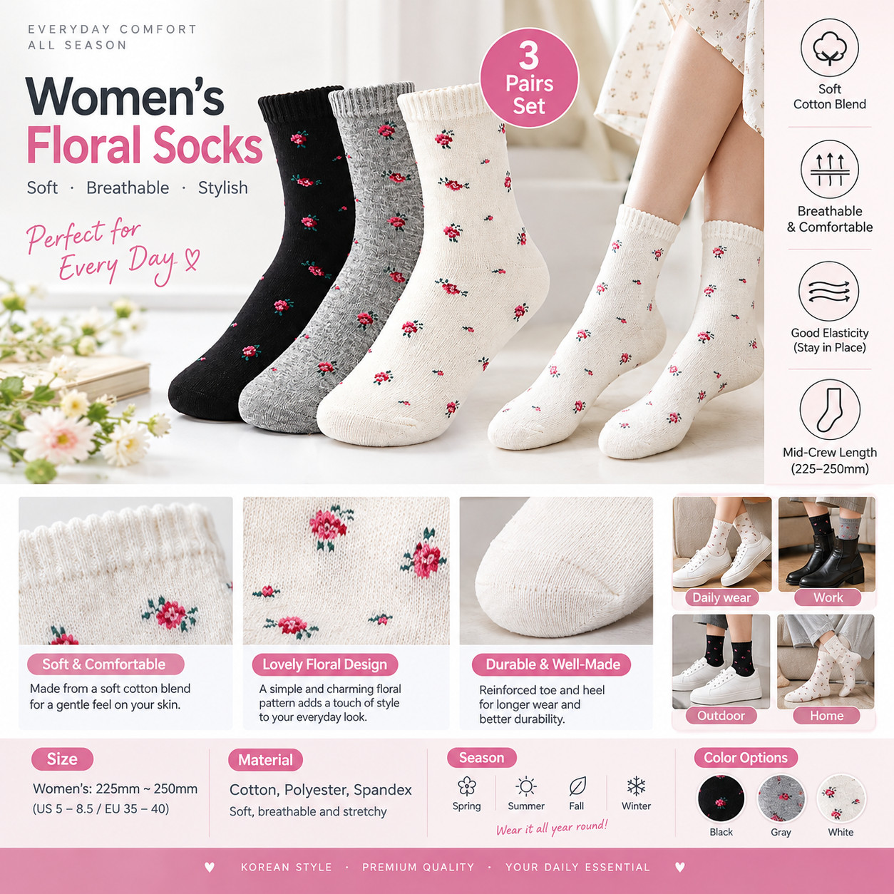 Women\'s Floral Crew Socks 3 Pairs Cute Rose Pattern 90% Cotton US Size 5-8