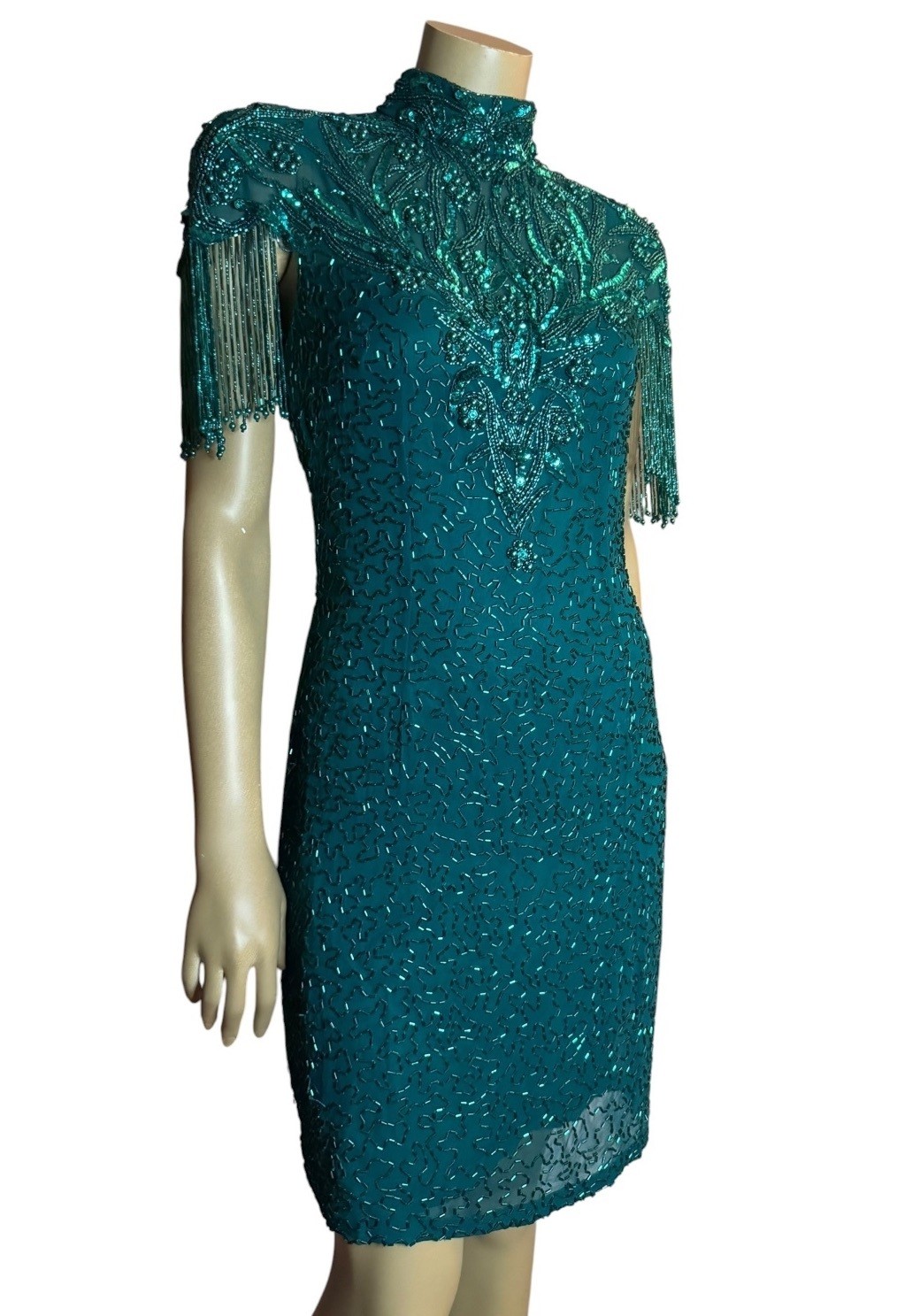 VTG 80s 90s Niteline Della Roufogali size 6 Silk Beaded Sequin Fringe Cocktail