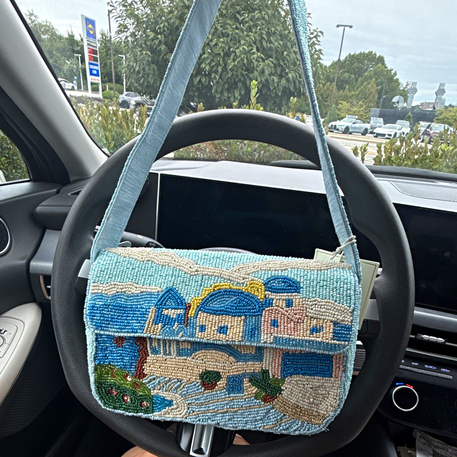 Sol and Mer Multicolor Scenic Beaded Shoulder Bag Magnetic Closure Blue Strap