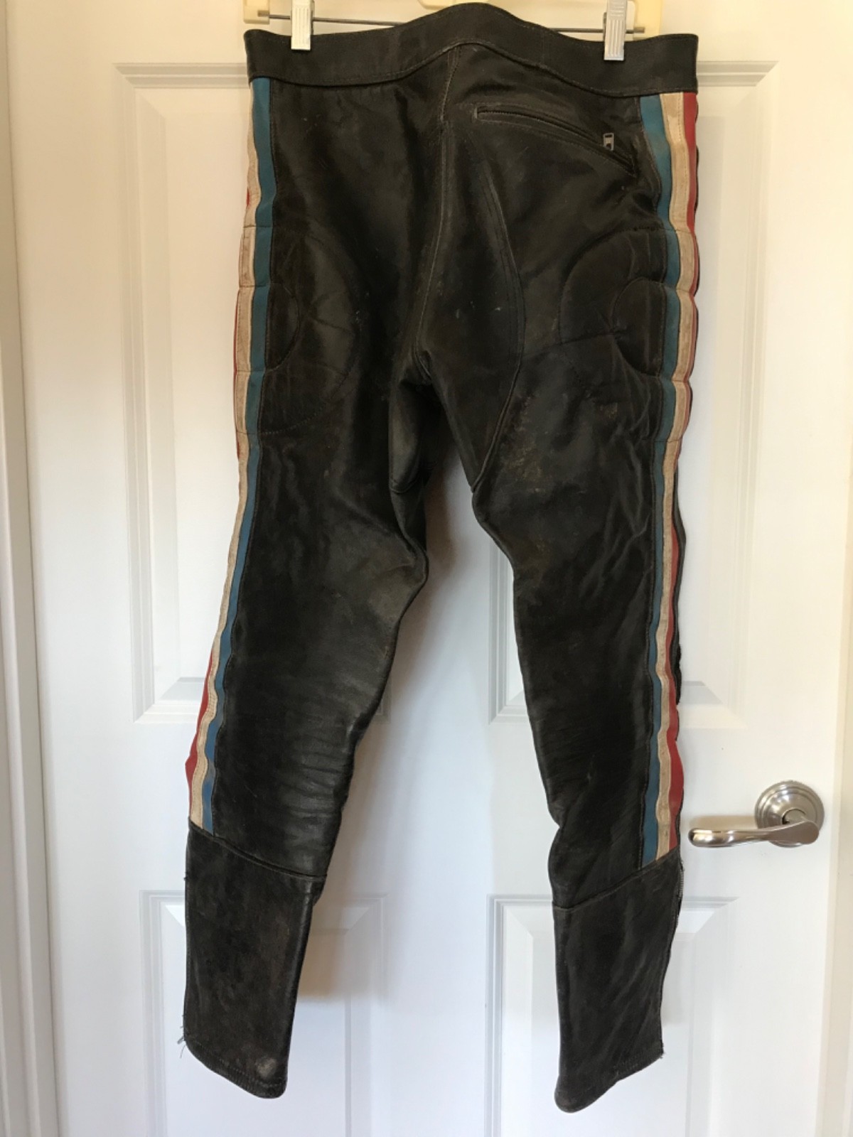 Vintage 70s Leather Motocross Pants Red White & Blue Stripes w/ Chest Protector