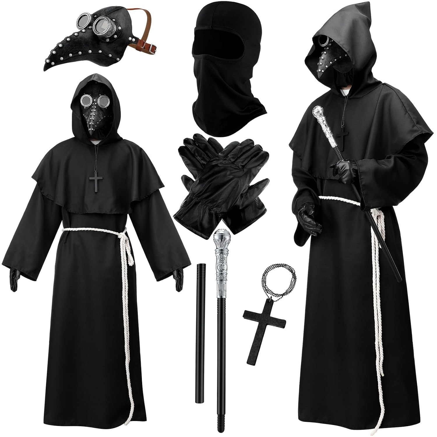 8 Pcs Plague Doctor Costume Set, Beak Mask Hooded Robe Black