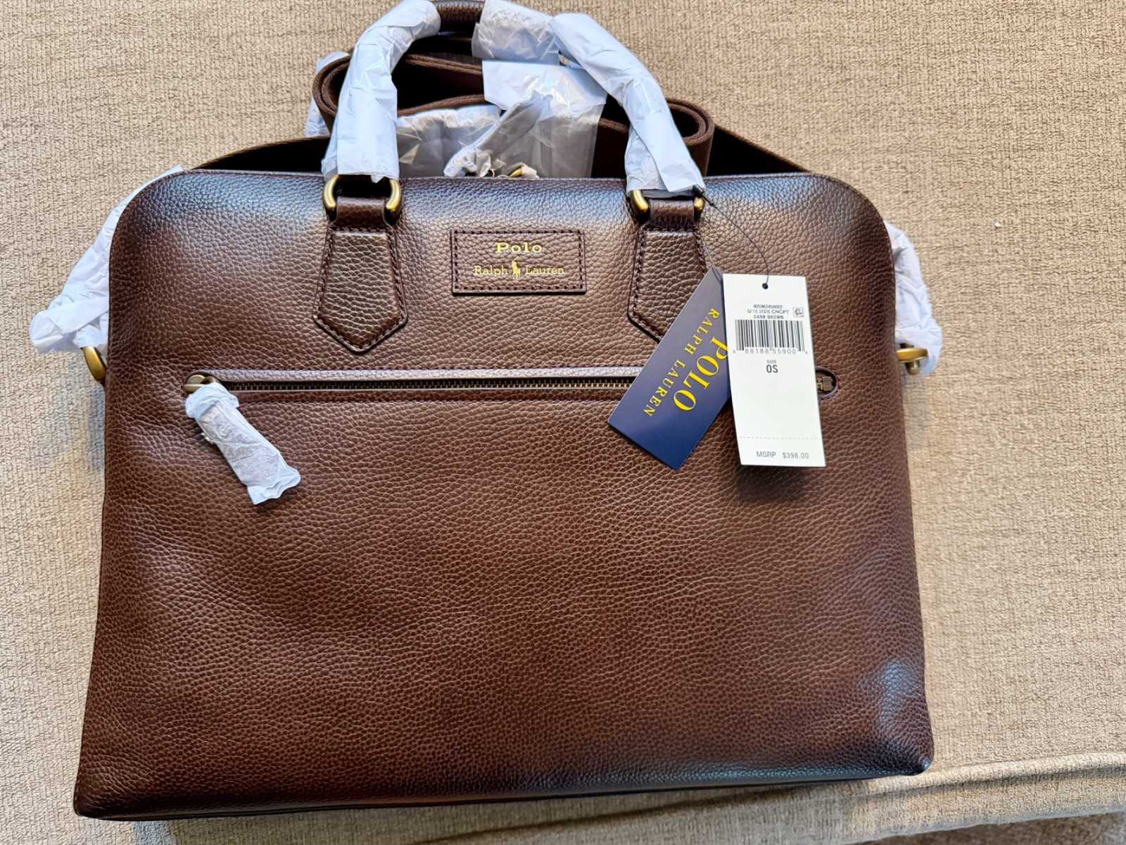 Polo Ralph Lauren Men\'s Brown Pebbled Leather Commuter Laptop Bag Briefcase