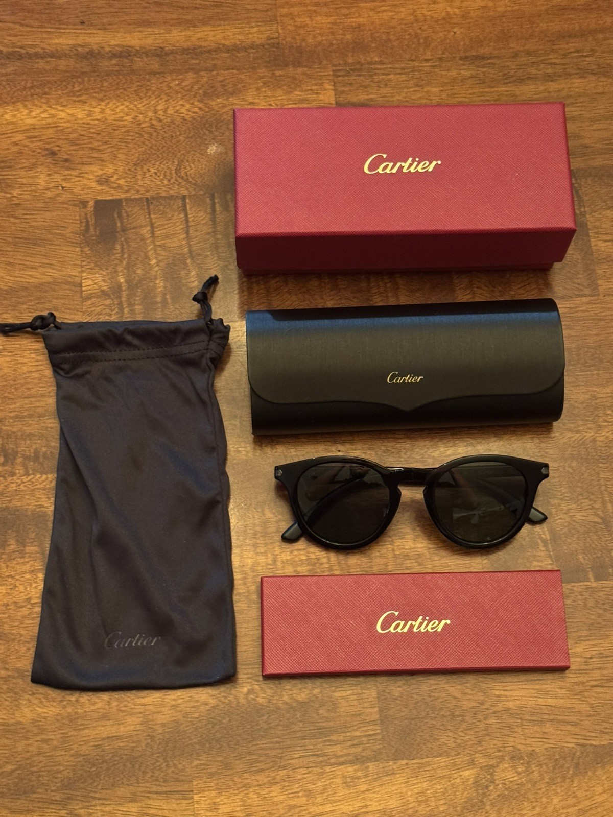 Cartier CT0010S 001 Round Sunglasses 48mm Black Gold Frame Green Lens w/Box New