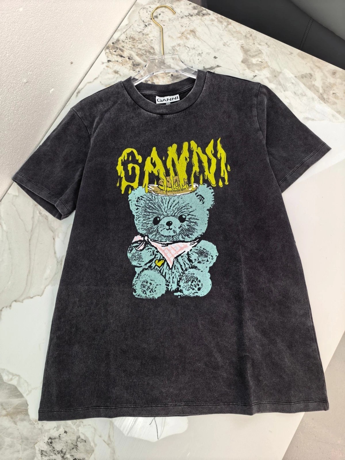 Ganni Women's Gray bear Graphic Short Sleeve Crewneck T-Shirt