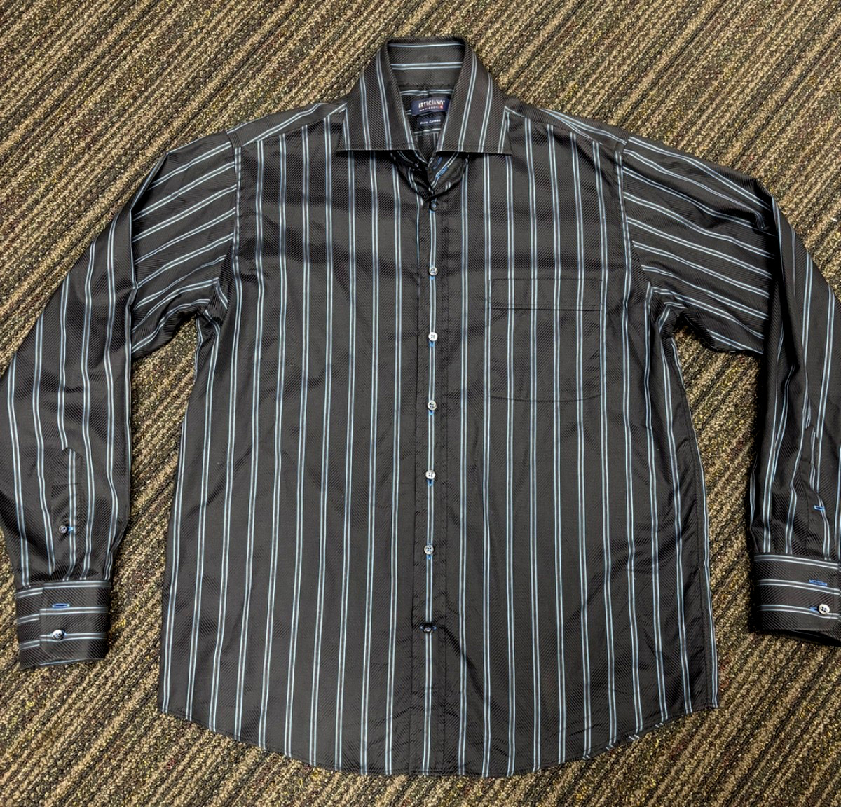 Artigiano Italian Cotton Dress Shirt Mens XL Black Blue Stripe Herringbone