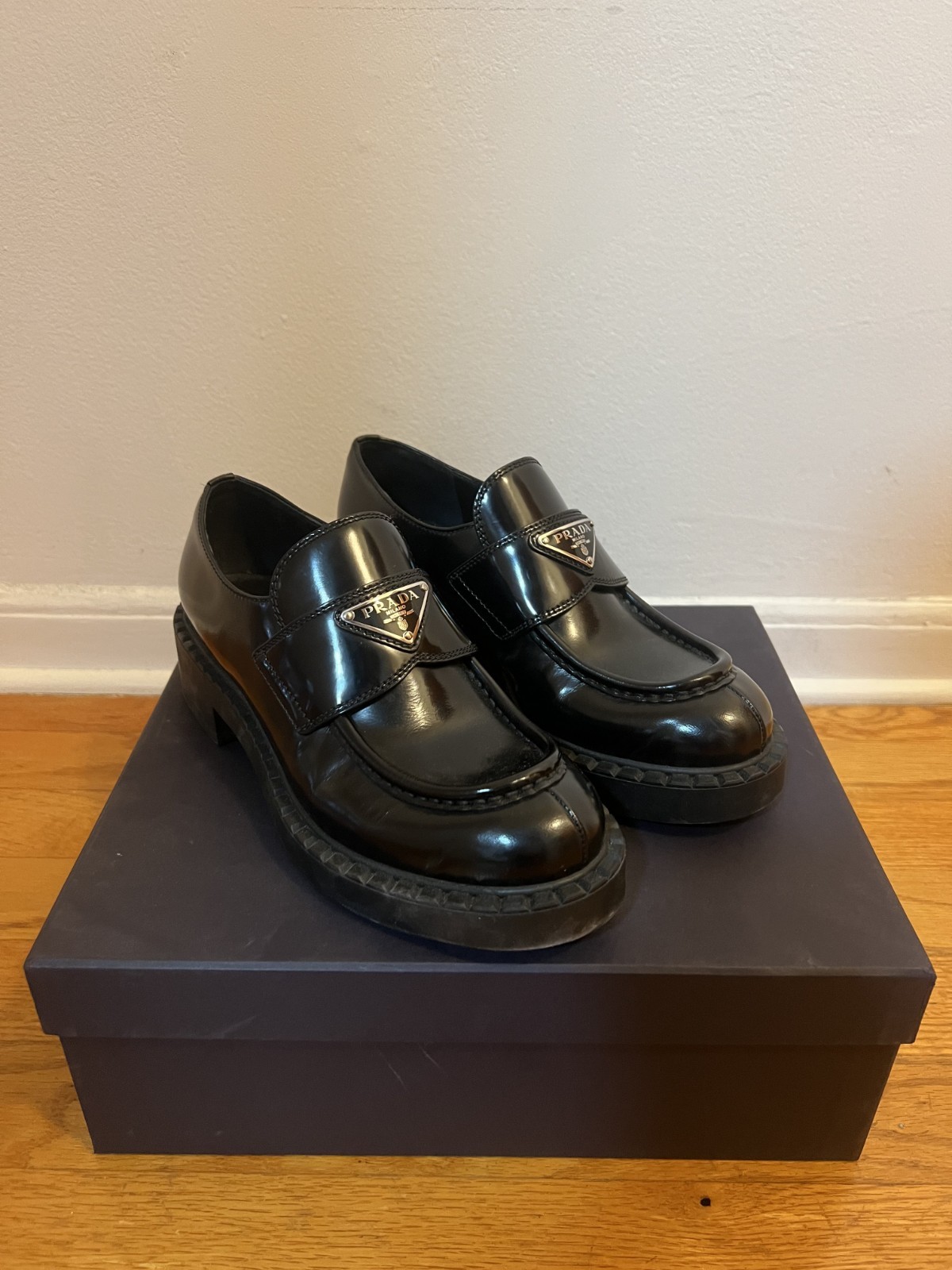 Women’s Prada Black Loafer  Brushed Leather Loafers Shoes, EU 37