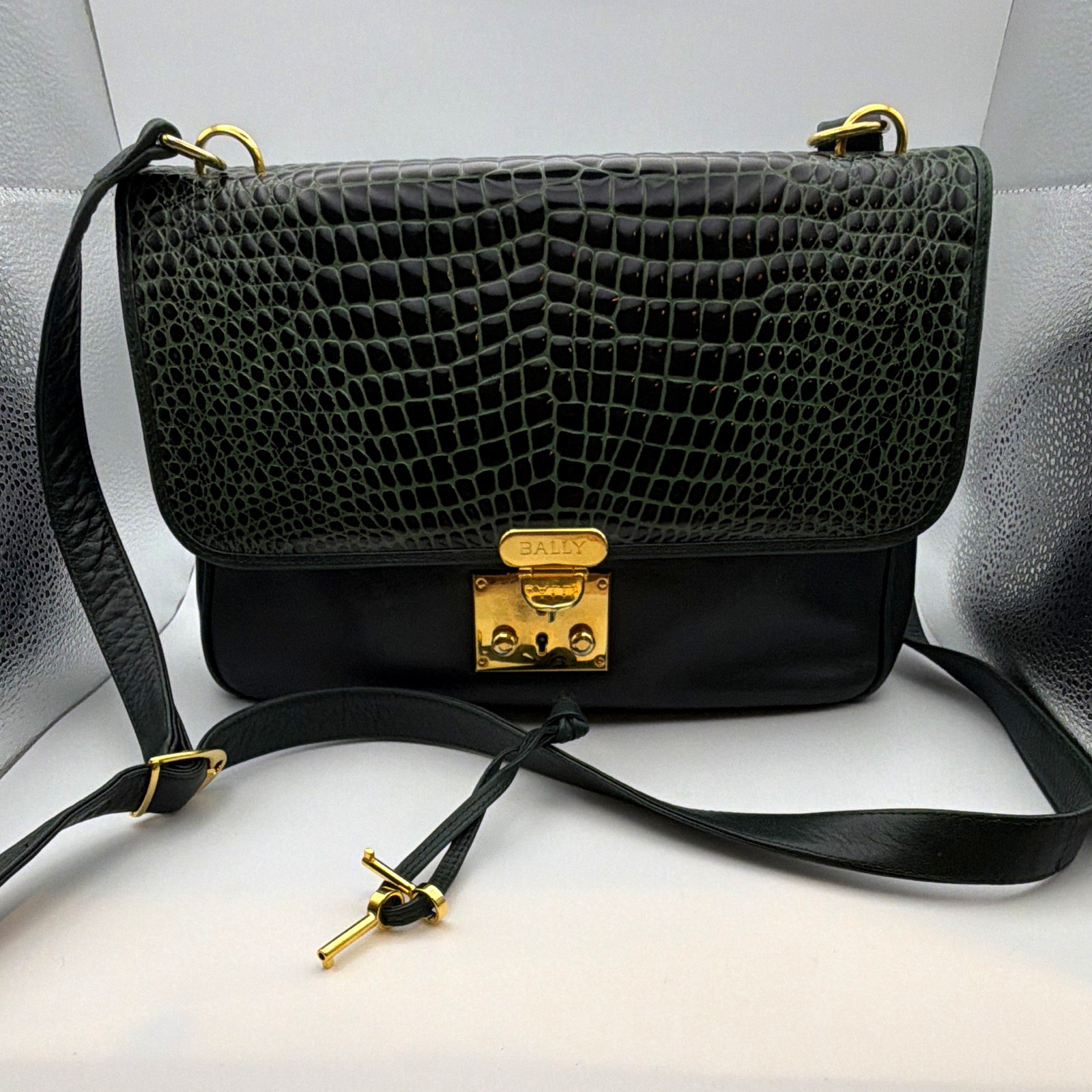 Vintage BALLY Leather Shoulder Bag Green Croc Flap Gold Push Lock With Keys RARE