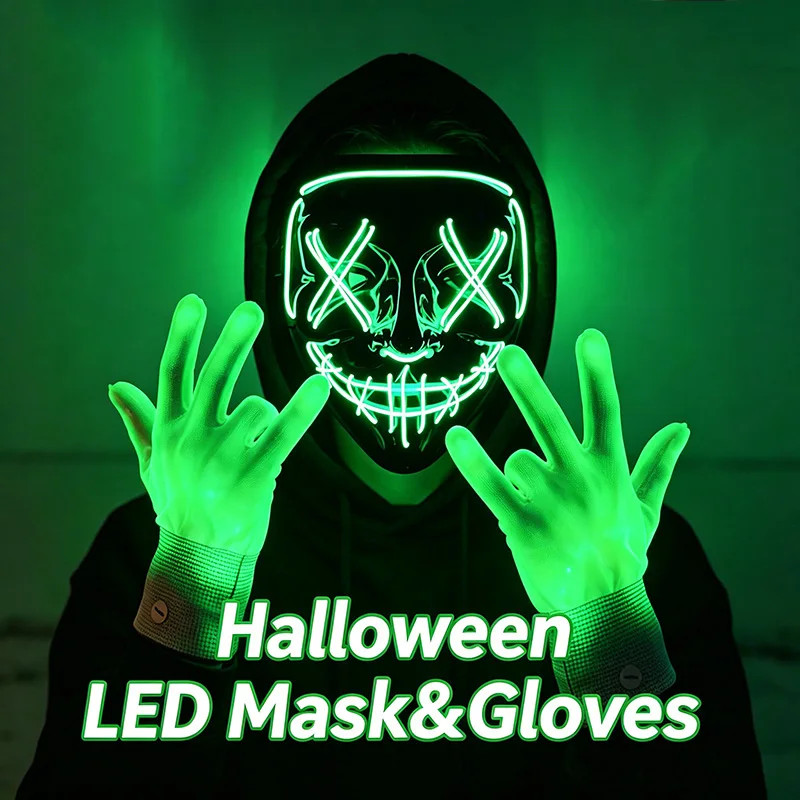 LED Neon Purge Mask Fiber Optic Gloves Scary Glow In Dark Halloween Cosplay Part
