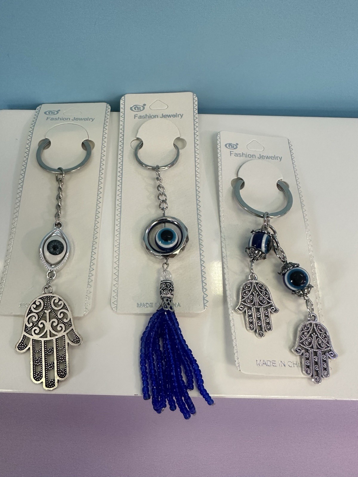 LOT 3  GOOD LUCK PROTECTION HAMSA HAND EVIL EYE BLUE ENAMEL BIG SILVER KEYCHAINS