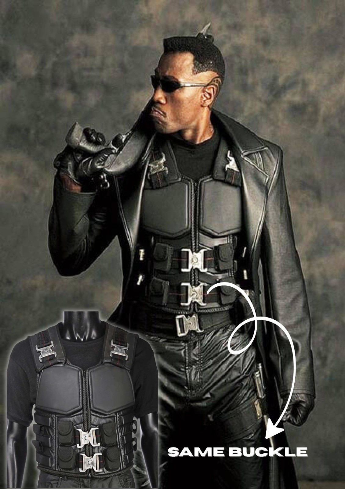 SCREEN ACCURATE Blade Wesley Snipes Costume Men's Real Leather Vest SAME BUCKLE