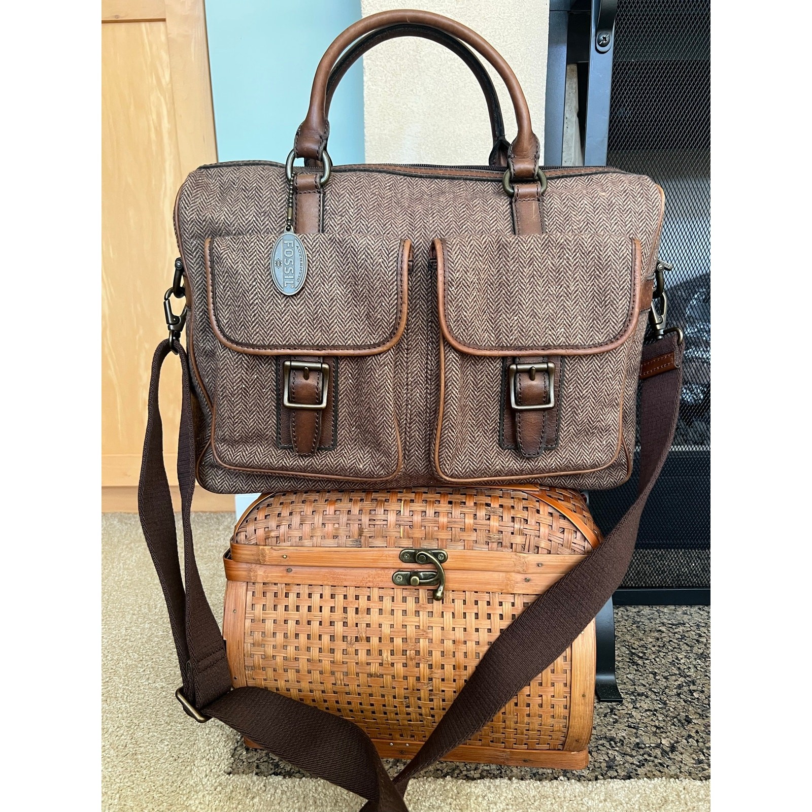 Fossil Vintage RARE 90s Herringbone Tweed Leather Briefcase Messenger Laptop Bag