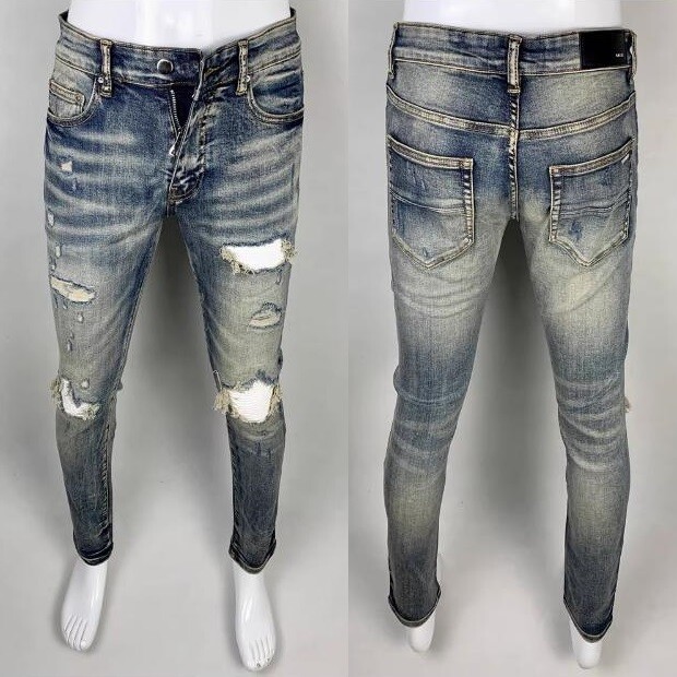 Men's Ripped Elastic Slim fit Jeans, Retro Classic High Quality Faint Blue Pants